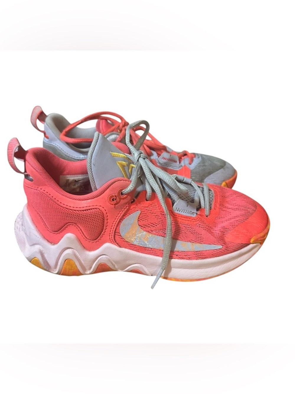 Nike Kids Coral Pink and Light Gray Athletic Sneakers with Yellow Accents